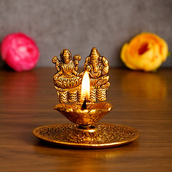 eCraftIndia Goddess Laxmi & Lord Ganesha Golden Metal Diya